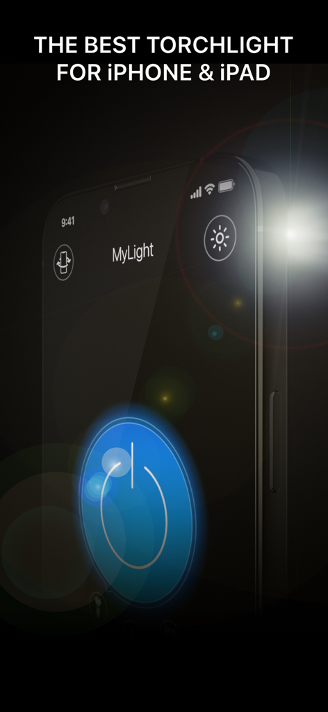 MyLight – Flashlight & LED - Interface do aplicativo de lanterna MyLight em um iPhone com reflexo de lente brilhante e um grande botão de ligar azul.