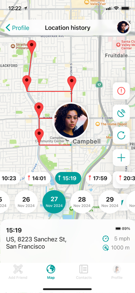 Find My Friends Phone - iMapp - iMapp location history screen showing a tracked route and speed data on a map