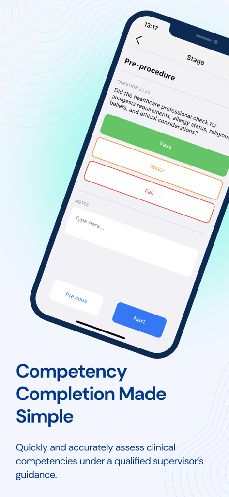 Compassly app screen showing a clinical competency assessment with pass and fail options for supervisors