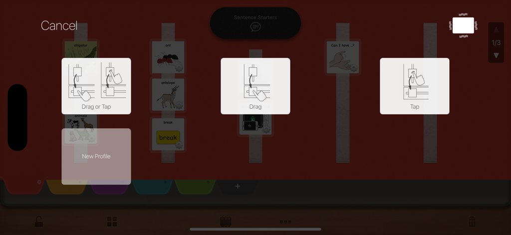 PECSTalk™ Lite - Interaction mode settings in the PECSTalk Lite app showing options for Drag or Tap, Drag, and Tap controls.
