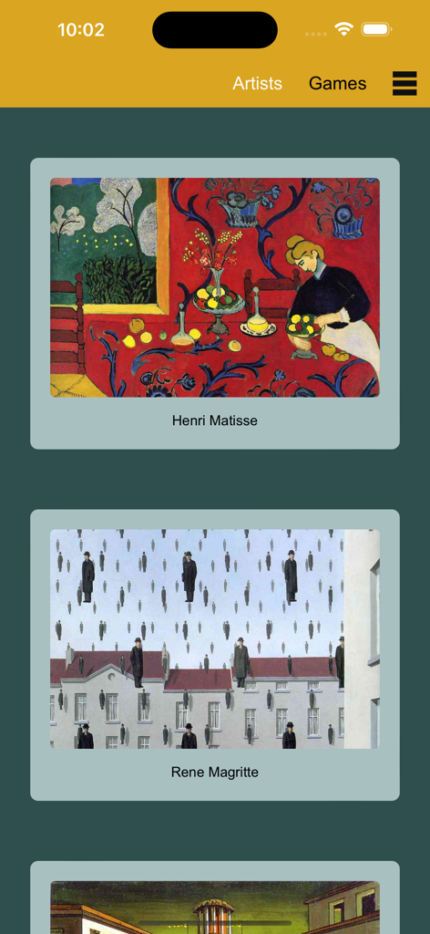 Modern Paintings Vol.3 - Screenshot of the Modern Paintings Vol.3 app showing a scrollable gallery with artworks by Henri Matisse and Rene Magritte.