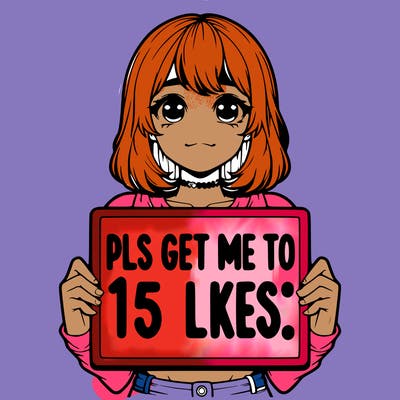 realistic girl holding up a sign that says “pls get me to 15 likes!”