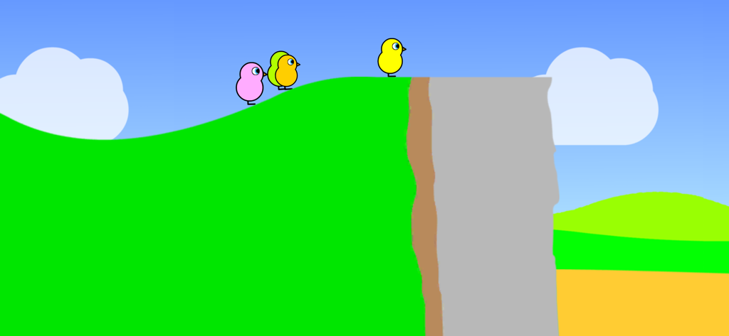Duck Life 1 - Three small colorful ducks standing on a green grassy hill next to a cliff edge under a blue sky