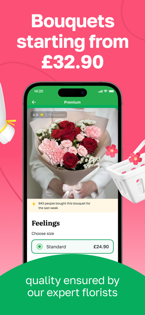 Flowers delivery - Myflowers - A mobile app screen for Myflowers showing a premium rose bouquet with pricing and customer reviews.