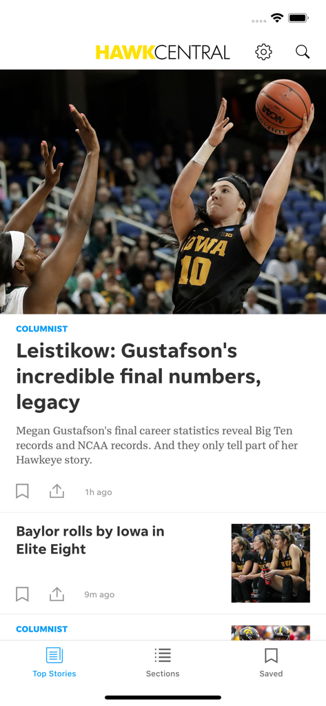 Hawk Central - The Hawk Central app interface displaying news articles and photos of Iowa Hawkeyes basketball