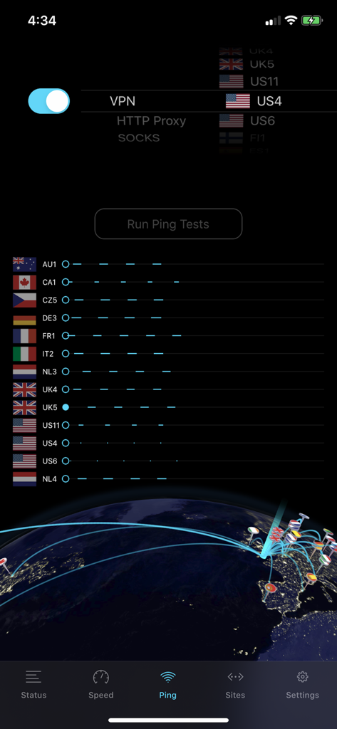 NetShade - NetShade app interface showing server ping tests and a 3D globe with international connections