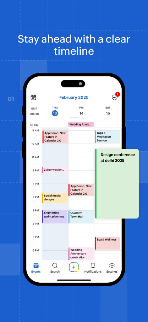 Interface do aplicativo Zoho Calendar em um iPhone exibindo uma agenda diária codificada por cores com uma linha do tempo clara.