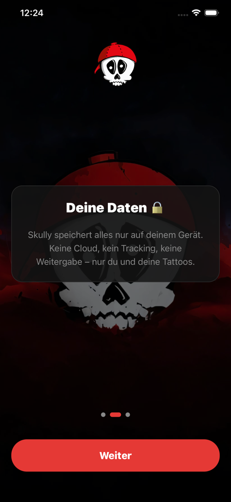 Tela de privacidade do aplicativo de tatuagem Skully destacando o armazenamento local de dados e a segurança