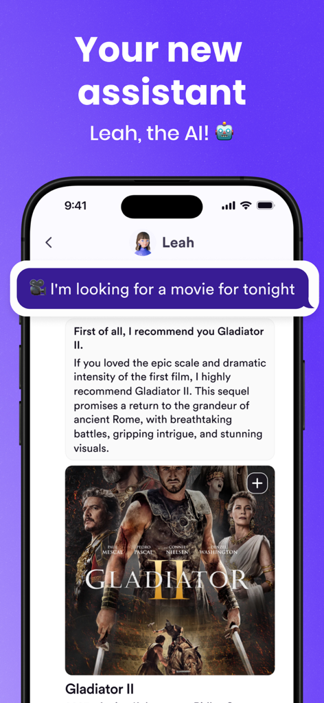 Una interfaz de chat en la aplicación Memorizer donde la asistente de IA Leah recomienda la película Gladiator II.
