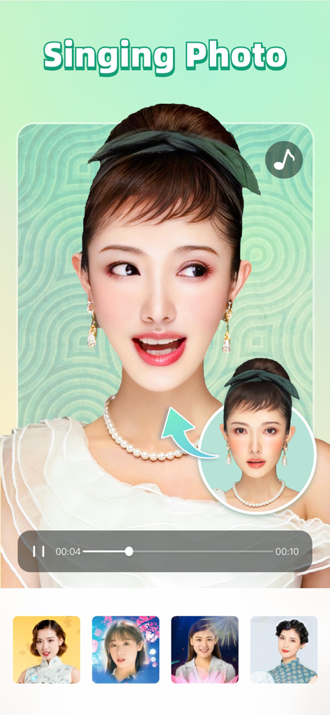 Piscmate - Photo Editor - Piscmate app interface showing the Singing Photo feature animating a portrait with lip-sync technology