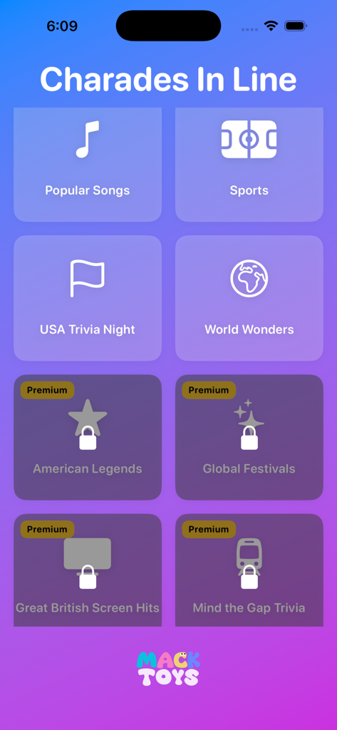 Charades In Line - Menu de seleção de categoria para o aplicativo de jogo de festa Charades In Line mostrando baralhos gratuitos e premium como Músicas Populares e Noite de Trivia dos EUA.