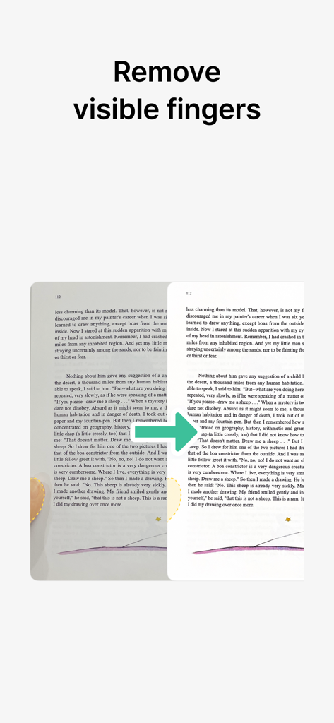 表示されている指が自動的に削除されたスキャン前とスキャン後の書籍のページの比較。
