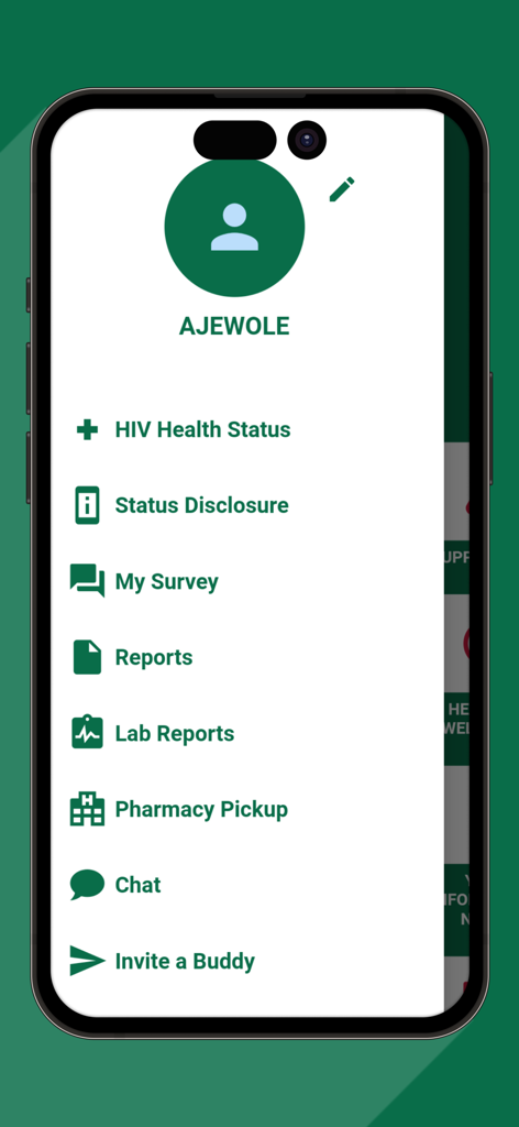 SPEEDY APP - Interfaz del menú de perfil de SPEEDY APP que incluye informes de salud, resultados de laboratorio y opciones de divulgación de estado