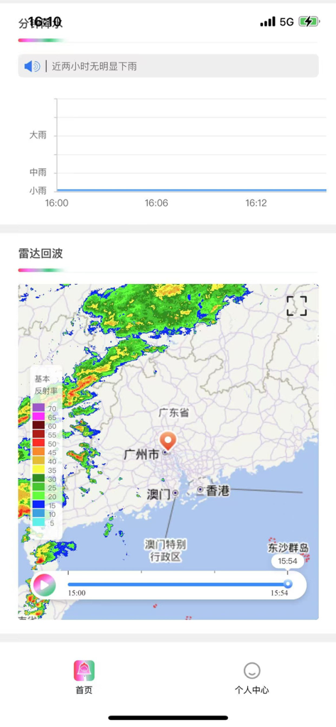 Interface of the Ting Ke Ling app showing a weather radar map of Guangdong and a precipitation forecast graph