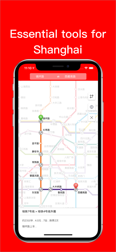 Smartphone mit der Shanghai Metro Map App, das eine hervorgehobene U-Bahn-Route anzeigt