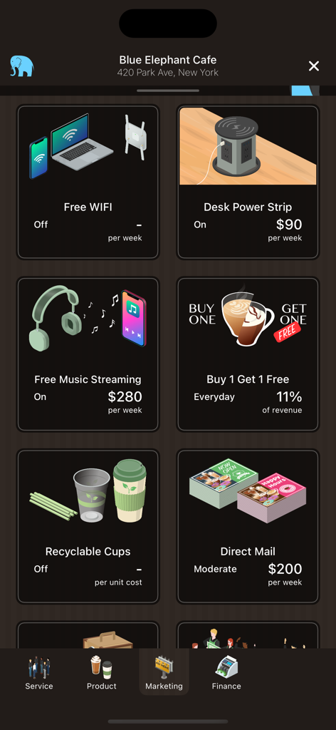 Coffee Inc 2 - The marketing management screen in Coffee Inc 2 displaying service options like free WIFI and promotional campaigns with their weekly costs