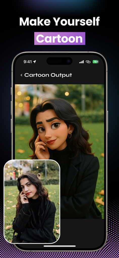 Vidu - AI Video Generator Tool - Side-by-side comparison of a real photo and its AI-generated cartoon version