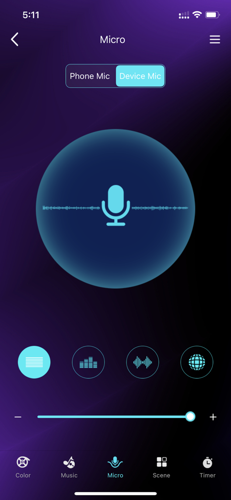 Dazzling Home - Dazzling Home app interface for microphone sound synchronization with smart lights