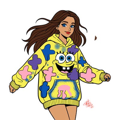 sponge bob on a girls  hoodie with long hair