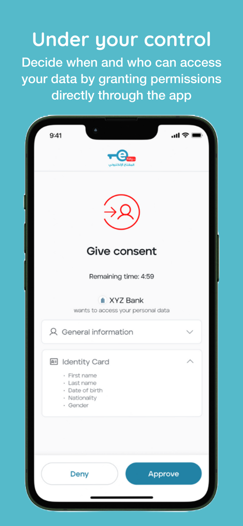 eKey 2.0 - Interfaccia mobile dell'app eKey 2.0 che mostra una schermata di richiesta di accesso ai dati dove gli utenti possono approvare o negare i permessi a organizzazioni come XYZ Bank.