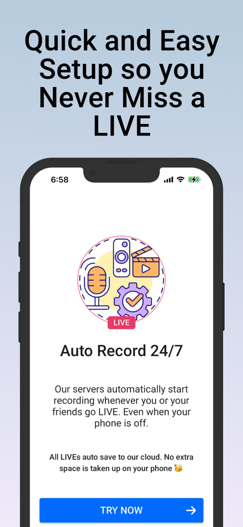Mobile app screen showing the auto record 24/7 feature for live streams with cloud saving