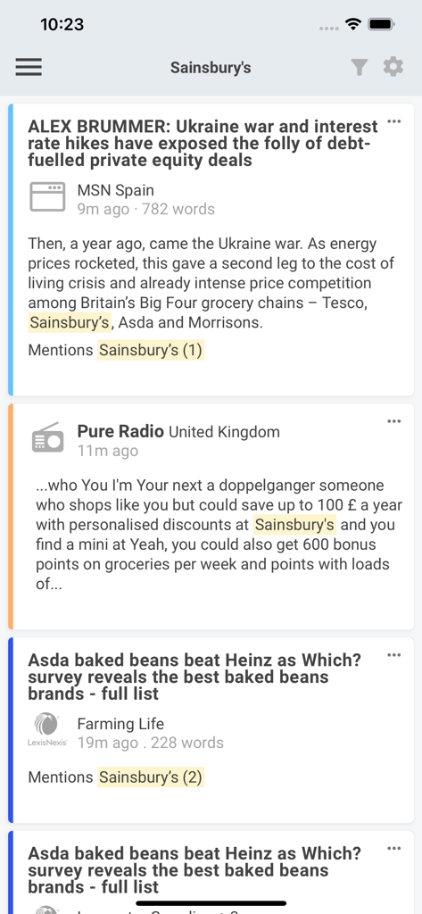 CisionOne - CisionOne mobile app interface showing a real-time media monitoring feed with highlighted brand mentions.