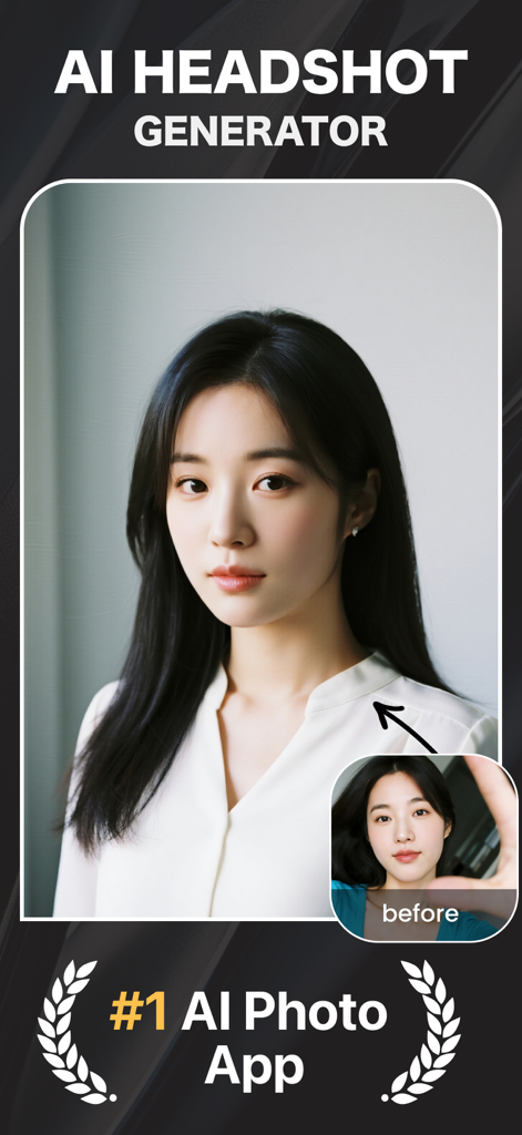 AI Headshot Photo Generator ・ - Ein lockeres Selfie, das mit einer KI-Foto-App in ein professionelles Business-Bewerbungsfoto verwandelt wurde