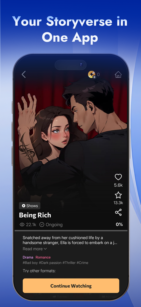 SWAGTOONS: Animation, Webtoons - Smartphone screen showing the SWAGTOONS app interface with an anime inspired romance story titled Being Rich