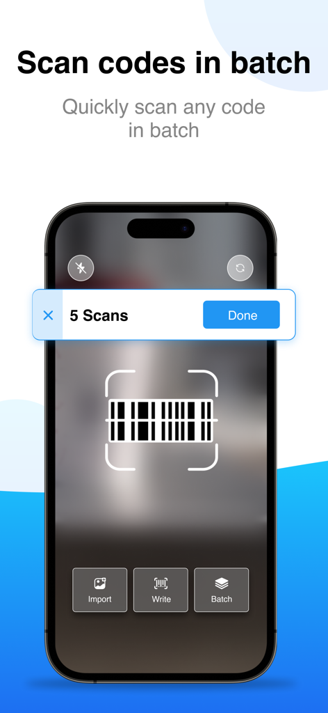 iPhone screen showing the batch scanning feature of the QR Code Reader app for processing multiple barcodes quickly