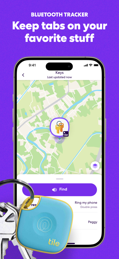 L'application Life360 affiche l'emplacement d'un traceur Tile pour les clés sur une carte avec un bouton de localisation.