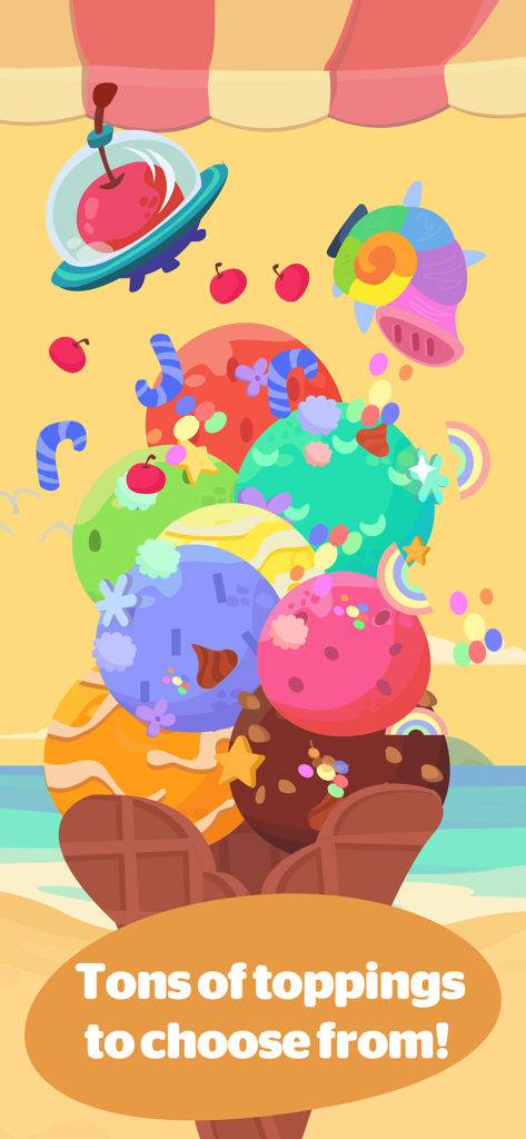 Dr. Panda Ice Cream Truck 2 - Giant colorful ice cream sundae with various toppings on a sunny beach