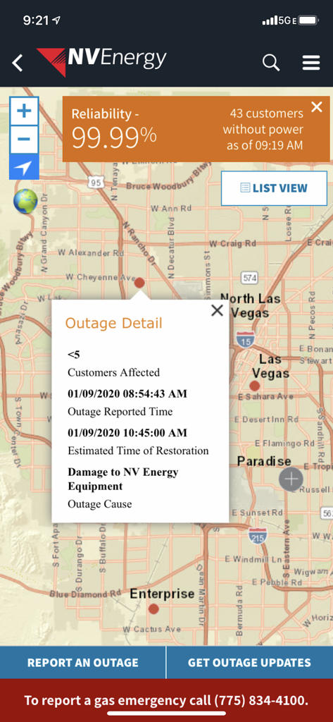 NV Energy - NV Energy mobile app Outage Center map showing power outage locations and restoration details in Las Vegas