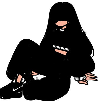 a girl with baggy pants and a crop top with long hair