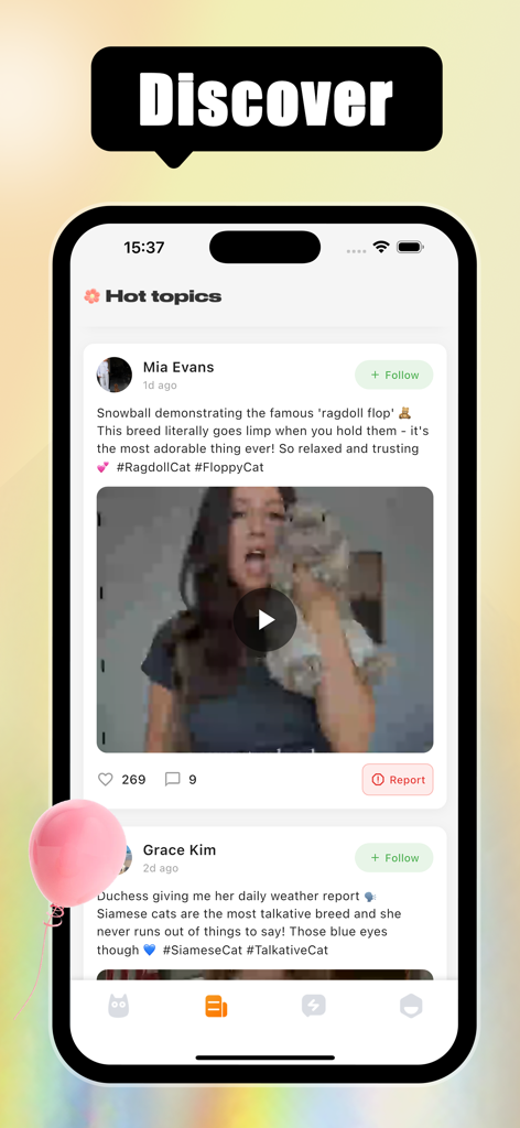 Une capture d'écran de l'application Kreamy montrant le fil de découverte avec des sujets tendance et des publications sociales de propriétaires d'animaux sur leurs chats.