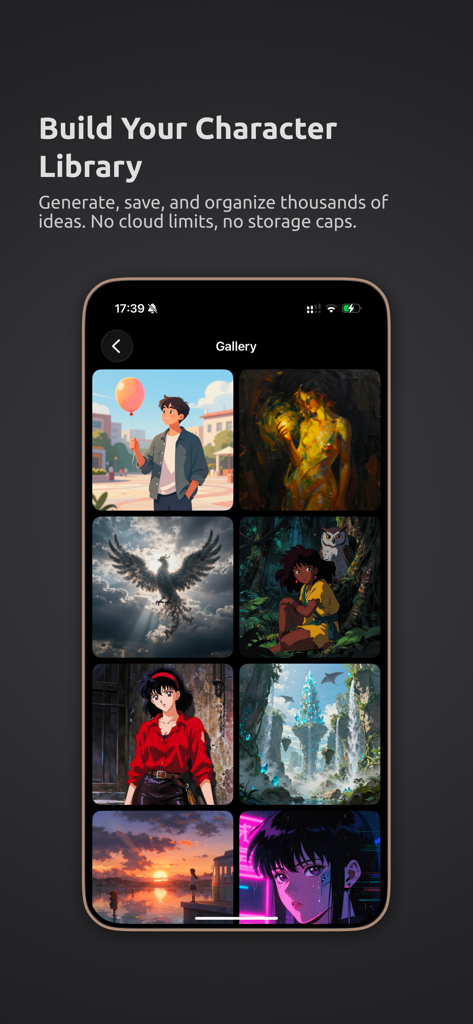 ImageLab - AI Image Generator - Screenshot of ImageLab app showing a diverse gallery of AI generated anime and fantasy characters