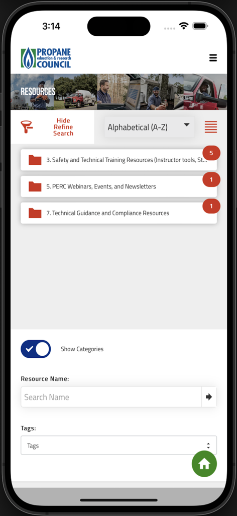 Propane industry training resource library with folders and search filters on the PERC mobile app