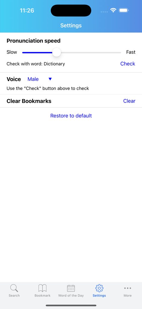 Ultimate Lac Viet Dictionary - 궁극의 락 비엣 사전 앱의 설정 메뉴, 발음 속도 및 음성 선택 옵션 표시