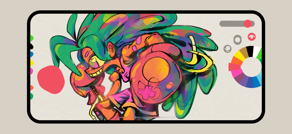 A colorful digital illustration of a character with green hair displayed within the Graintouch app interface