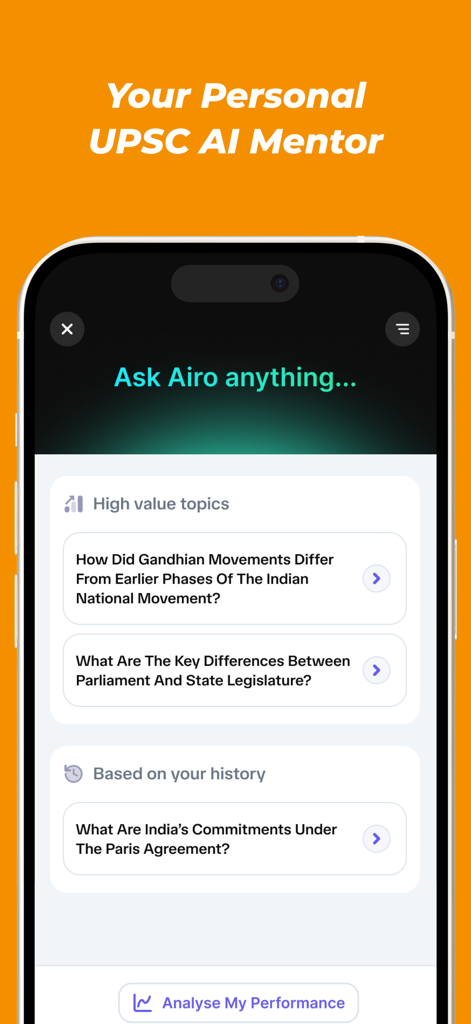 PrepAiro: UPSC CSE Prep 2026 - PrepAiro app screen showing the personal UPSC AI mentor with high value study topics and history based questions