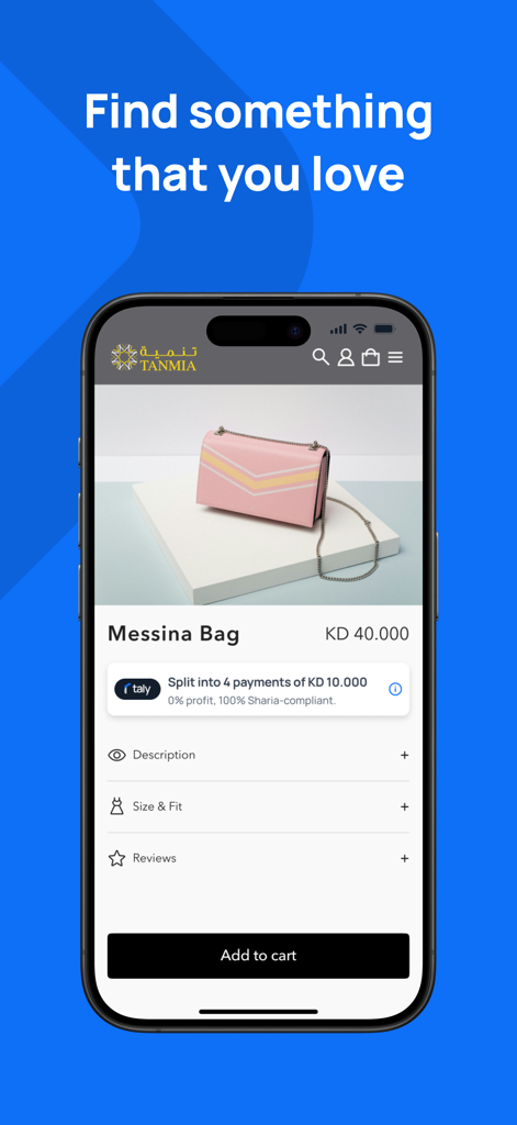 Taly | Split your payments - App Taly che mostra un prodotto con l'opzione di suddivisione in quattro pagamenti