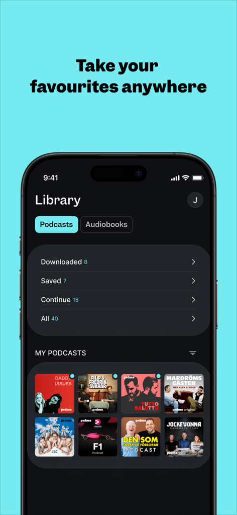 Podme - Podcasts & Audiobooks - Podme app library screen showing downloaded podcasts and audiobooks on an iPhone