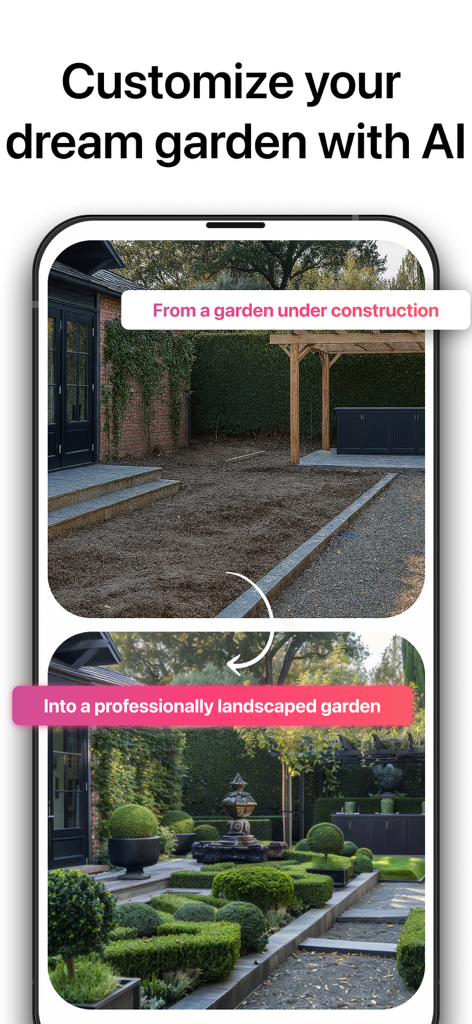 AI Remodel app showing a before and after garden renovation with professional landscaping