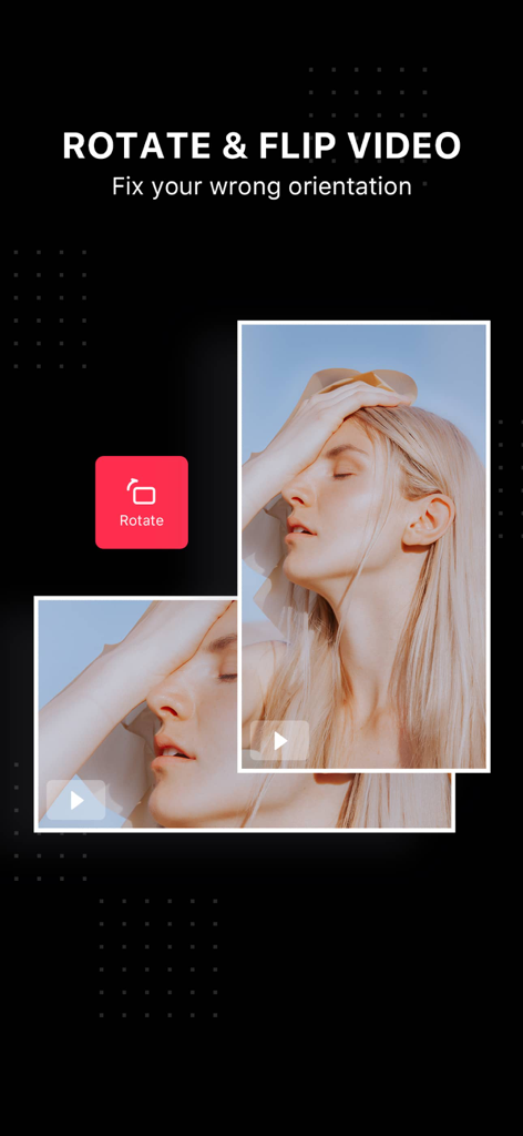 Video Editor . - Interface showing the rotate and flip video feature to fix orientation in the Video Editor app