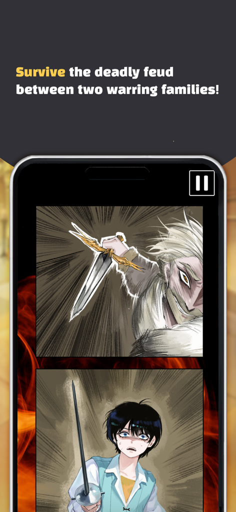 ロミオとジュリエットのビジュアルノベルのドラマチックなシーン。家族の確執中の緊迫した対立が描かれています。