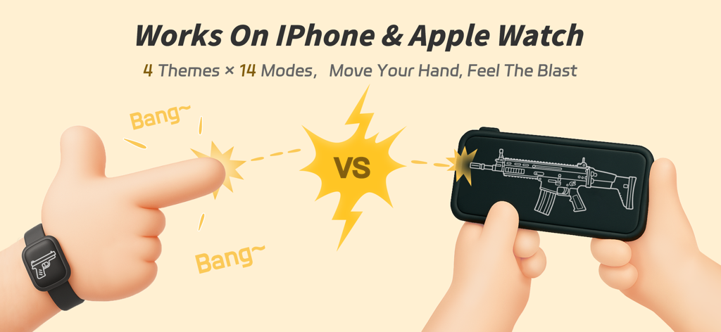 BangBang:Watch & Phone Gun Sim - Apple WatchとiPhoneを同期して、体感コントロールを使用した銃シミュレーション体験を得る方法を示すプロモーショングラフィック