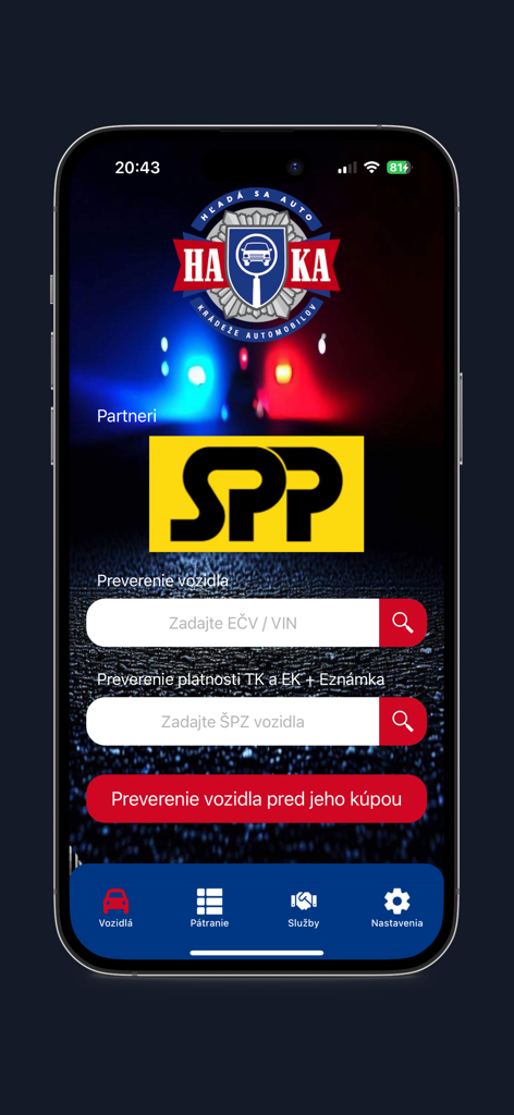 HAKA System+ - Interfaz principal de la aplicación HAKA System plus que muestra campos de búsqueda de VIN y matrícula para la verificación del vehículo