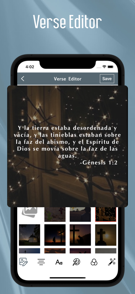 La pantalla del Editor de Versículos en la aplicación Reina Valera 1960 Bible mostrando una escritura en español sobre un fondo con estrellas.