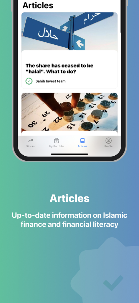 Sahih Invest App Artikel-Bildschirm mit Bildungsinhalten über Scharia-konforme Investitionen und finanzielle Alphabetisierung im Islam.