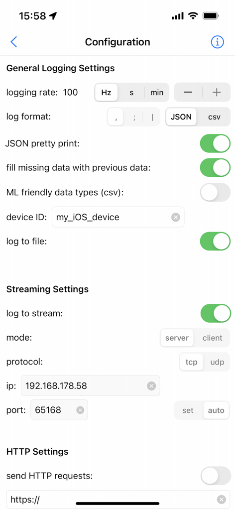 SensorLog - SensorLog app configuration screen showing logging and streaming settings for data collection.