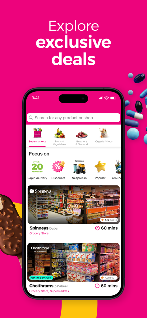 instashop: Groceries & more - InstaShop Mobile App mit Lebensmittelkategorien und schnellen Lieferoptionen